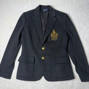 Polo Ralph Lauren Crest Black Blazer Jacket Womens Size 10 Stag Preppy Layering